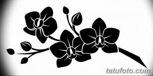 Черно-белый эскиз тату с изображением ветки орхидей. Контрастный рисунок с акцентом на силуэт цветков и листьев.