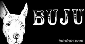 Эскиз тату с изображением головы питбуля и надписью "BUJU". Черно-белый рисунок, минимализм, четкие линии. Подходит для тех, кто ценит простоту и лаконичность.