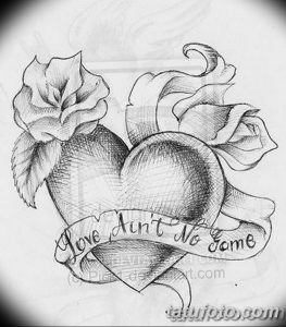 Эскиз татуировки в виде сердца, обвитого розой и лентой с надписью 'Love Ain't No Game'. Черно-белый рисунок в стиле олдскул.