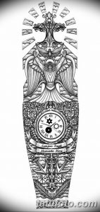 Черно-белый эскиз татуировки, покрывающей всю руку. Изображены часы, череп, розы и другие символические элементы.