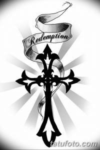 Черно-белый эскиз татуировки креста с лентой и надписью 'Redemption'. Изображение выполнено в графическом стиле с лучами, исходящими от креста.