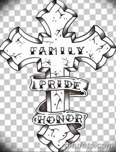 Эскиз татуировки креста с надписями "FAMILY", "PRIDE", "HONOR". Черно-белый рисунок с эффектом состаренности, символизирующий ценности и убеждения.