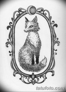 Изображение лисы, выполненное в технике pointillism, заключенное в сложную декоративную рамку, идеально для любителей уникальных татуировок.