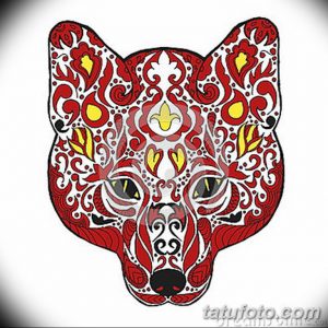 Красочный эскиз татуировки головы волка, выполненный в стиле дзен-арт с использованием красных, желтых и белых узоров.
