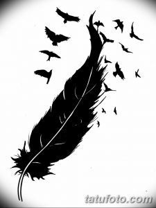 Фото татуировки в стиле blackwork с изображением большого пера, из которого вылетают птицы. Контрастный и выразительный дизайн.