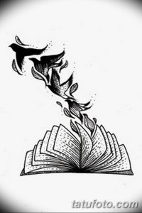 Черно-белый эскиз татуировки, изображающий открытую книгу, из которой вылетает птица. Рисунок выполнен в детальной графической манере.