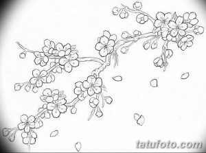 Простой черно-белый эскиз татуировки с изображением ветки сакуры, усыпанной нежными цветами и опадающими лепестками. Идеально подходит для девушек.