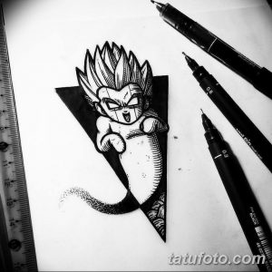 Черно-белый эскиз татуировки Вегеты из Dragon Ball Z, заключенного в треугольник. Динамичный и стильный рисунок для поклонников аниме.