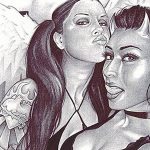 Черно-белый эскиз татуировки с изображением двух девушек: одна с нимбом, другая с рогами. Детализированный рисунок для любителей контрастов.