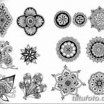 Коллекция эскизов татуировок в стиле Mehndi (индийская роспись хной). Рисунки выполнены в черно-белой гамме с использованием сложных геометрических узоров.