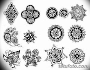Коллекция эскизов татуировок в стиле Mehndi (индийская роспись хной). Рисунки выполнены в черно-белой гамме с использованием сложных геометрических узоров.