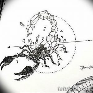 Фото тату: стилизованное изображение скорпиона, состоящее из геометрических фигур и линий. Современный и оригинальный дизайн для тех, кто ценит минимализм и геометрию.