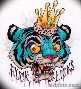 Фото эскиза тату тигра с короной на голове и надписью 'Fuck Lions'. Рисунок выполнен в ярких цветах с использованием черного контура.