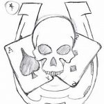 Черно-белый эскиз татуировки с изображением черепа, держащего карты и курящего трубку.