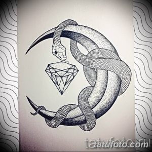 Черно-белый эскиз татуировки змеи, обвивающей бриллиант. Рисунок выполнен в стиле дотворк, с использованием множества точек для создания текстуры и объема.