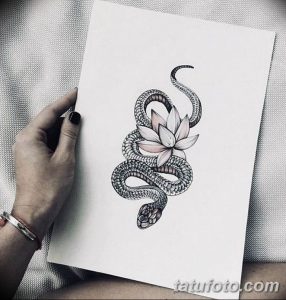 Черно-серый эскиз татуировки змеи, обвивающей цветок лотоса. Детализированный рисунок, плавные линии, символическое сочетание змеи и лотоса.