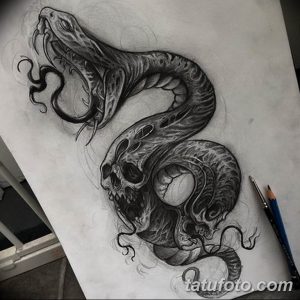 Черно-белый эскиз татуировки, изображающий змею, обвивающую череп, выполненный в стиле blackwork с использованием плотных черных заливок и четких линий.