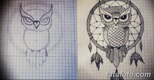 Эскиз тату совы, заключенной в ловца снов. Детализированная проработка перьев, плетения и бусин. Подходит для плеча или спины.