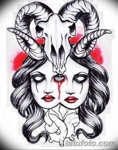 Фото тату в стиле dark art с изображением женщины с черепом и третьим глазом. Оригинальный рисунок татуировки для любителей мистики.