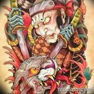 Эскиз татуировки с изображением японского самурая, сражающегося с драконом. Яркие цвета, сложная композиция и детализированная проработка.