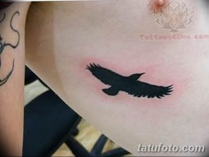 Фото минималистичной татуировки ворона на животе. Черный рисунок татуировки, простой эскиз тату, выполненный опытным мастером.