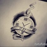 Фото тату: эскиз татуировки карманных часов с лентой, на которой указано время "11:08". Черно-белый рисунок с тенью.