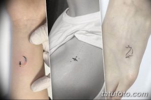 Фото тату: три небольшие минималистичные татуировки: кошка на луне, самолет, оставляющий след, и силуэт птицы в полете.