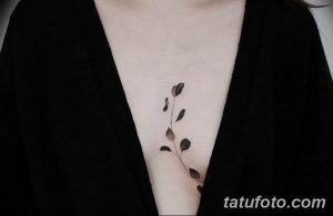Фото тату: Элегантная татуировка веточки с листьями, расположенная вдоль ключицы и груди. Черно-серый рисунок в акварельной технике.