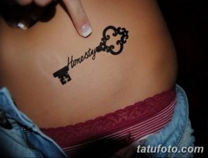 Фото тату: татуировка ключа с надписью "Honesty" на бедре. Символический рисунок татуировки для девушек.