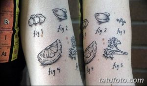 Фото тату: черно-белые рисунки фруктов (лимоны, апельсины, инжир) с надписями 'fig 1', 'fig 2' и т.д. на обеих руках. Эскиз татуировки выполнен в стиле ботанической иллюстрации.