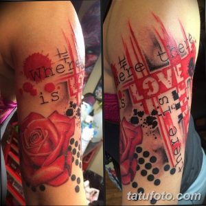 Фото тату: яркая татуировка на руке, изображающая красную розу и надпись "Where there is love", выполненная в стиле граффити.