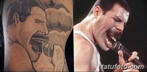 Фотография неудачной татуировки с изображением Фредди Меркьюри и сравнение с оригинальной фотографией певца.