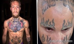 Фотография неудачной татуировки с изображением Коннора Макгрегора и сравнение с оригинальной фотографией бойца.