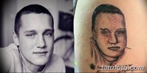Фото тату портрета мужчины на руке, сравнение "до" и "после" реставрации. Улучшение детализации и реалистичности.