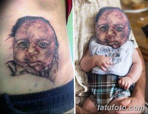 Фотография татуировки с изображением лица младенца, выполненной в реалистичном стиле на груди.