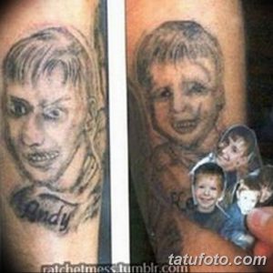 Фото тату двух портретов: мужчины и ребенка, выполненных в реалистичном стиле на руке. Детализированный рисунок татуировки с подписью 'Andy'.