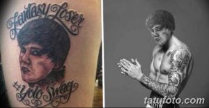 Фото тату на руке: портрет Джастина Бибера с надписями 'Fantasy Loser' и 'YOLO Swag'. Яркий и необычный рисунок татуировки.
