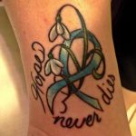Фото татуировки якоря, обвитого цветами, с надписью "Hope is never dies" на запястье. Символизирует надежду и веру.