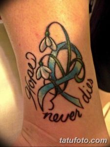 Фото татуировки якоря, обвитого цветами, с надписью "Hope is never dies" на запястье. Символизирует надежду и веру.