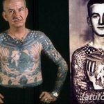 Фото мужчины в двух временных периодах: молодость и старость, демонстрирующее его тело, полностью покрытое татуировками в стиле олд скул.