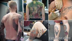 Фото тату: коллаж из нескольких фотографий, демонстрирующих процесс нанесения татуировки и готовые татуировки на разных частях тела.