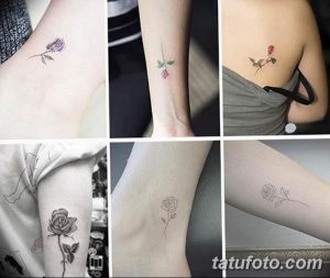 Фото коллажа с миниатюрными татуировками роз в различных стилях и цветах на разных частях тела.