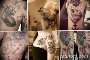 Фото коллаж, демонстрирующий разнообразие стилей и сюжетов татуировок: сердце, шляпа, якорь, скелет, куклы и другие.
