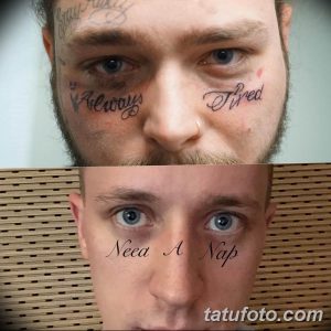 Фото тату: мужчина с татуировками на лице, включая надписи 'Always Tired', 'Need A Nap' и изображение глаза. Татуировки выполнены в черном цвете.