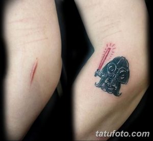 Фото татуировки с изображением шлема Дарта Вейдера, выполненной в минималистичном стиле, скрывающего шрам на руке. Идеальный рисунок тату для фанатов 'Звездных войн'.