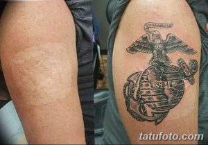 Фото тату-кавера: шрамы на руке замаскированы рисунком морского котика, якоря и надписи USMC. Пример исправления дефектов кожи.