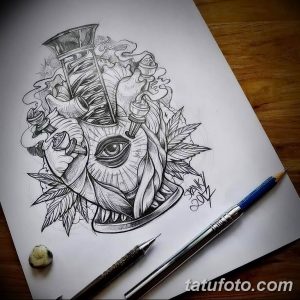 Черно-белый эскиз татуировки с изображением головы кролика, украшенной шестеренками, пружинами и другими механическими элементами, выполненный в стиле стимпанк.