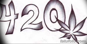 Эскиз татуировки с надписью "420" и изображением листа конопли. Выполнен в черно-белой гамме с использованием теней и штриховки.