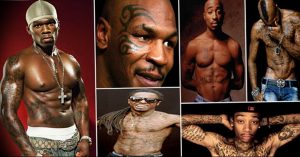Фото тату: коллаж из фотографий знаменитостей с татуировками, включая 50 Cent, Mike Tyson, Tupac и Lil Wayne.