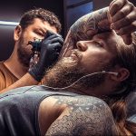 Фото тату: мастер тату делает татуировку на лице мужчины, демонстрируя процесс нанесения рисунка.
